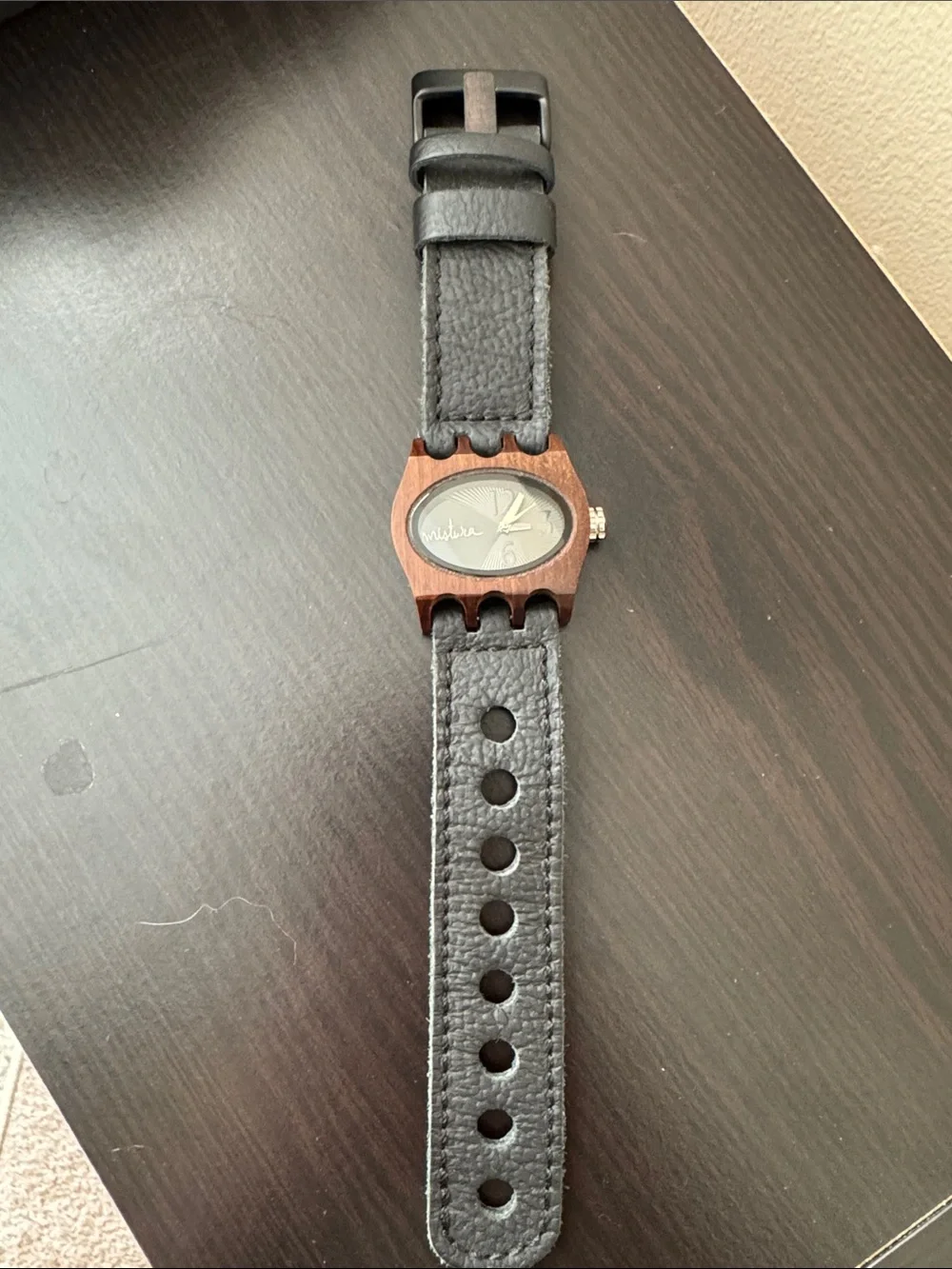 Mistura Watch with Black Leather Strap and Wooden Frame